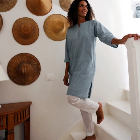 Tunique plage bleu acier - Beach kaftan - Tortue de Mer